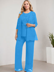 Separates Pantsuit Scoop Floor-Length Lace Chiffon Mother of the Bride Dress With Sequins