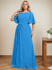 A-line Scoop Floor-Length Chiffon Mother of the Bride Dress With Cascading Ruffles Beading Sequins