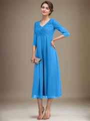 A-line V-Neck Tea-Length Chiffon Lace Mother of the Bride Dress With Beading