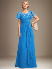 A-line Asymmetrical Illusion Floor-Length Lace Chiffon Mother of the Bride Dress With Cascading Ruffles Sequins