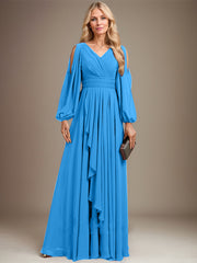 A-line Cold Shoulder V-Neck Floor-Length Chiffon Mother of the Bride Dress With Cascading Ruffles Beading