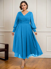 A-line V-Neck Tea-Length Chiffon Mother of the Bride Dress With Pleated