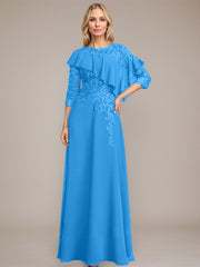 A-line Scoop Illusion Floor-Length Chiffon Lace Mother of the Bride Dress With Ruffle Sequins Beading