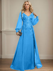 A-Line V-Neck Long Sleeves Floor-Length Chiffon Mother Of The Bride Dresses With Lace