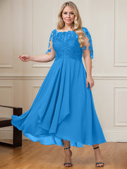 A-line Boat Neck Illusion Asymmetrical Lace Chiffon Mother of the Bride Dress With Cascading Ruffles Sequins