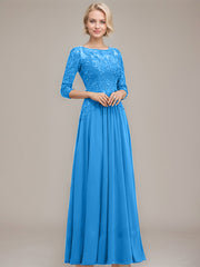 A-line Boat Neck Illusion Floor-Length Chiffon Lace Mother of the Bride Dress With Sequins Beading