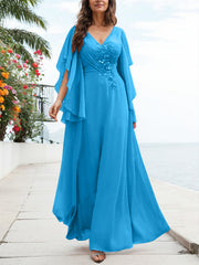 A-Line V-Neck Floor-Length Chiffon Mother Of The Bride Dresses With Appliques Lace