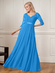 A-Line Floor-Length V-Neck Lace Chiffon Mother of the Bride Dress