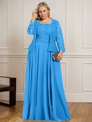 A-line Square Floor-Length Lace Chiffon Mother of the Bride Dress With Sequins