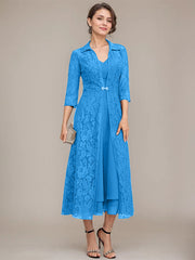 A-line V-Neck Tea-Length Chiffon Mother of the Bride Dress