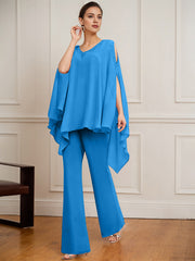 Separates Jumpsuit/Pantsuit V-Neck Floor-Length Chiffon Mother of the Bride Dress With Beading
