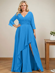 A-line V-Neck Floor-Length Chiffon Mother of the Bride Dress With Cascading Ruffles