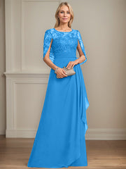 A-line Scoop Illusion Floor-Length Lace Chiffon Mother of the Bride Dress With Cascading Ruffles Sequins