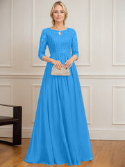 A-line Scoop Floor-Length Lace Chiffon Mother of the Bride Dress With Crystal Brooch Sequins