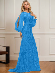 Trumpet/Mermaid Boat Neck Illusion Sweep Train Chiffon Sequin Evening Dress