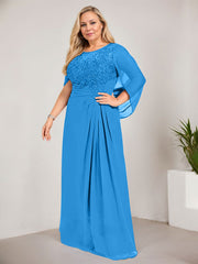 A-line Scoop Illusion Floor-Length Lace Chiffon Mother of the Bride Dress With Sequins Pleated