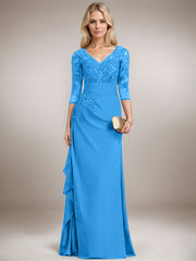 A-line V-Neck Floor-Length Lace Chiffon Mother of the Bride Dress With Cascading Ruffles