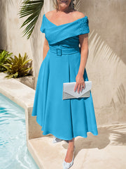 A-Line Off-The-Shoulder Tea-Length Chiffon Mother Of The Bride Dresses With Beading