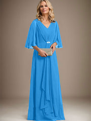A-line V-Neck Floor-Length Chiffon Mother of the Bride Dress With Cascading Ruffles Crystal Brooch