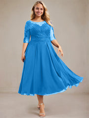 A-line Scoop Illusion Tea-Length Lace Chiffon Mother of the Bride Dress With Sequins