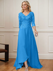 A-Line V-Neck 3/4 Sleeves Chiffon Mother Of The Bride Dresses With Lace