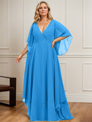 A-line V-Neck Floor-Length Chiffon Mother of the Bride Dress With Sequins Appliques Lace Beading