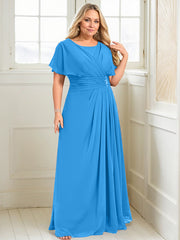 A-line Scoop Floor-Length Chiffon Mother of the Bride Dress With Pleated Beading