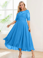 A-line Illusion Boat Neck Asymmetrical Chiffon Lace Mother of the Bride Dress With Sequins Beading