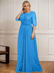 A-line Scoop Illusion Floor-Length Chiffon Lace Mother of the Bride Dress With Pleated Sequins Beading