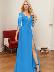 A-Line V-Neck 1/2 Sleeves Floor-Length Chiffon Mother Of The Bride Dresses With Lace