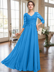 A-line V-Neck Floor-Length Lace Chiffon Mother of the Bride Dress With Sequins