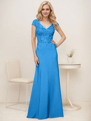 A-Line V-Neck Sweep Train Elastic Mother Of The Bride Dresses With Lace