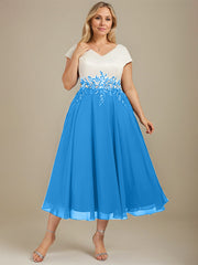 A-line V-Neck Tea-Length Satin Chiffon Mother of the Bride Dress With Appliques Lace