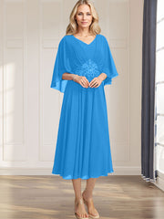 A-line V-Neck Tea-Length Chiffon Mother of the Bride Dress With Pleated Sequins Appliques Lace Beadind
