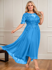 A-line Scoop Illusion Asymmetrical Lace Chiffon Mother of the Bride Dress With Sequins