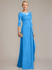 A-line Scoop Illusion Floor-Length Chiffon Lace Mother of the Bride Dress With Beading Sequins Cascading Ruffles