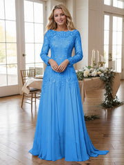 A-line Bateau Long Sleeves Appliques Lace Sweep Train Chiffon Mother of the Bride Dres