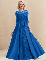 A-line Scoop Illusion Floor-Length Satin Lace Evening Dress With Sequins
