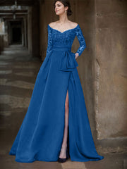 A-Line Off-The-Shoulder 3/4 Sleeves Sweep Train Lace/Satin Mother Of The Bride Dresses With Split Front