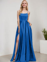 A-line Square Floor-Length Satin Evening Dress