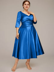 A-line V-Neck Tea-Length Satin Mother of the Bride Dress With Pleated