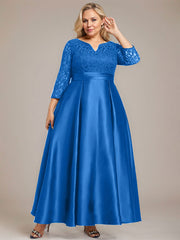 A-line V-Neck Ankle-Length Lace Satin Mother of the Bride Dress With Rhinestone