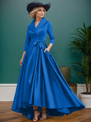 A-Line V-Neck 3/4 Sleeves Satin Mother Of The Bride Dresses With Pockets