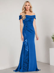 A-Line Off the Shoulder Floor-Length Chiffon Mother of the Bride Dress Applique Beadings Mermaid Dress With  High Split