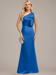 Sheath/Column One Shoulder Floor-Length Satin Evening Dress With Bow Pleated