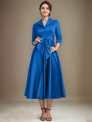 A-line V-Neck Collared Tea-Length Satin Mother of the Bride Dress