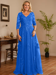 A-line V-Neck Floor-Length Tulle Lace Mother of the Bride Dress With Sequins