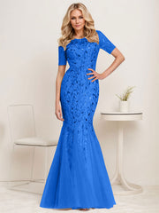Floral Sequin Print Maxi Long Fishtail Tulle Mother Of The Bride Dresses