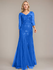 Trumpet/Mermaid Illusion V-Neck Floor-Length Tulle Sequin Lace Mother of the Bride Dress