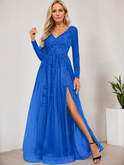 A-line V-Neck Floor-Length Tulle Prom Dresses With Sequins Appliques Lace Beading